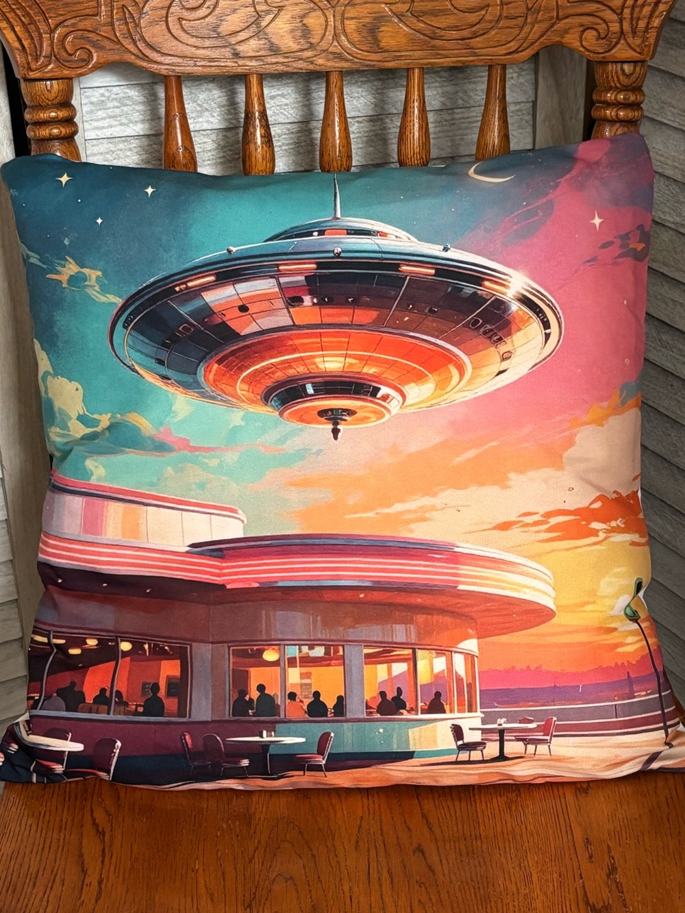 NEW Googie Neon βTwilight Dinerβ Retro UFO Dopamine Decor Throw Pillow 18βWx17L